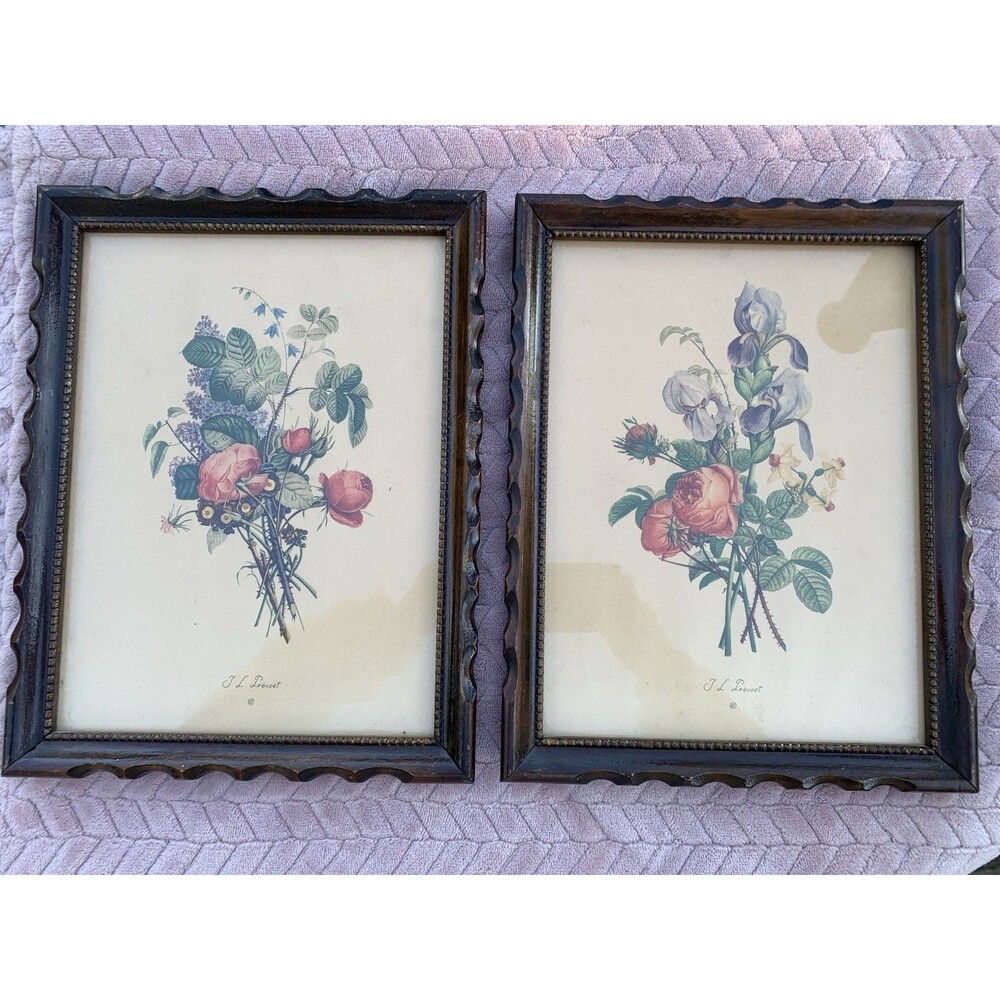 2 J L Prevost Botanical Floral Framed Prints, Wood Frames, 13"x12", VTG 1940s